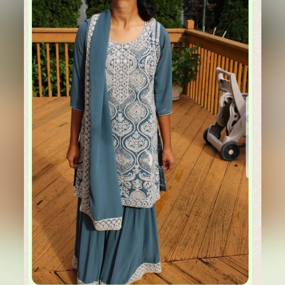 Elegant Blue and White Embroidered Suit Sharara